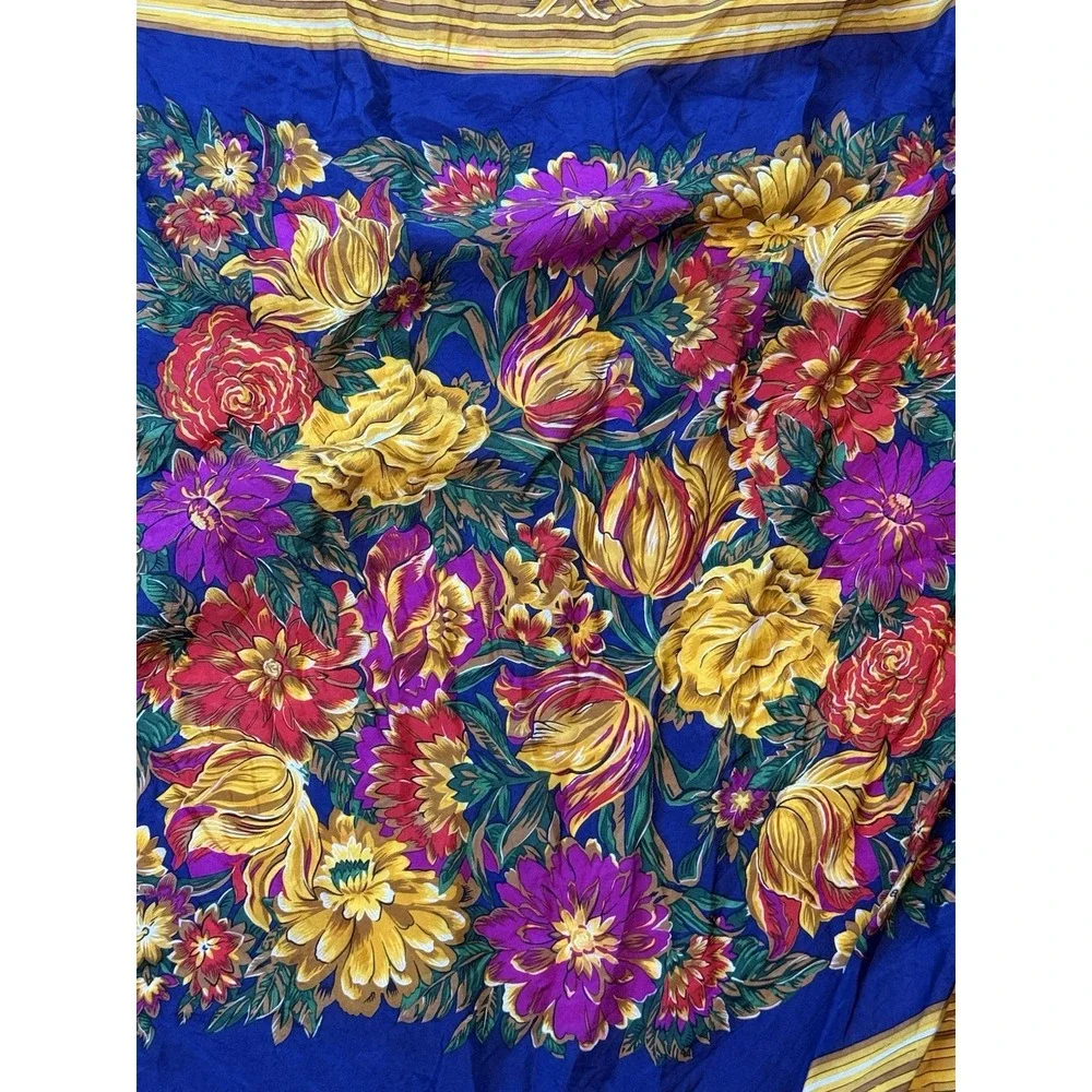 Harvé Benard Floral Silk Scarf Navy Gold Square 33x35 Vintage